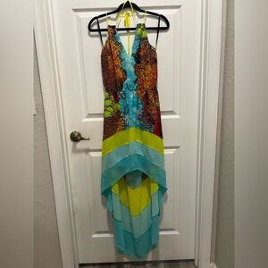 Bebe Blue and Yellow Asymmetrical High-Low Sundress